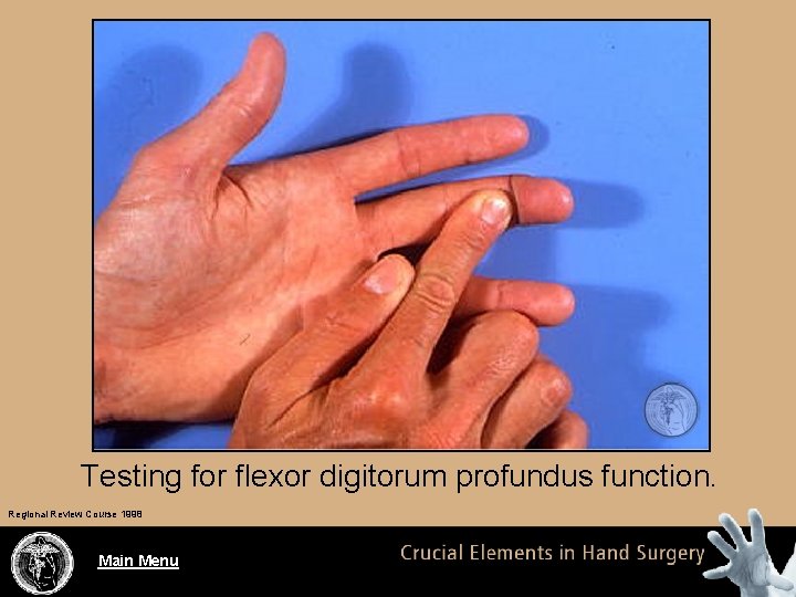 Testing for flexor digitorum profundus function. Regional Review Course 1998 Main Menu 