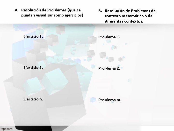 A. Resolución de Problemas (que se pueden visualizar como ejercicios) B. Resolución de Problemas