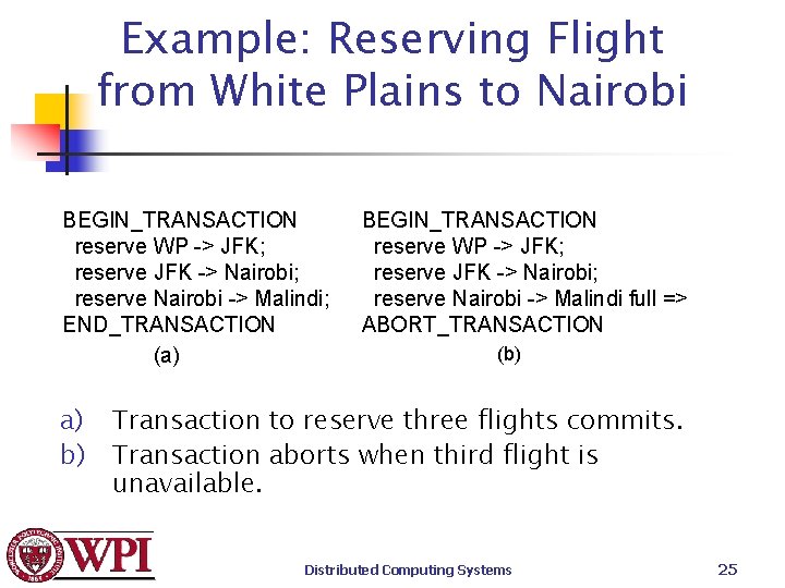 Example: Reserving Flight from White Plains to Nairobi BEGIN_TRANSACTION reserve WP -> JFK; reserve