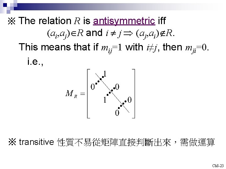 ※ The relation R is antisymmetric iff (ai, aj) R and i j (aj,