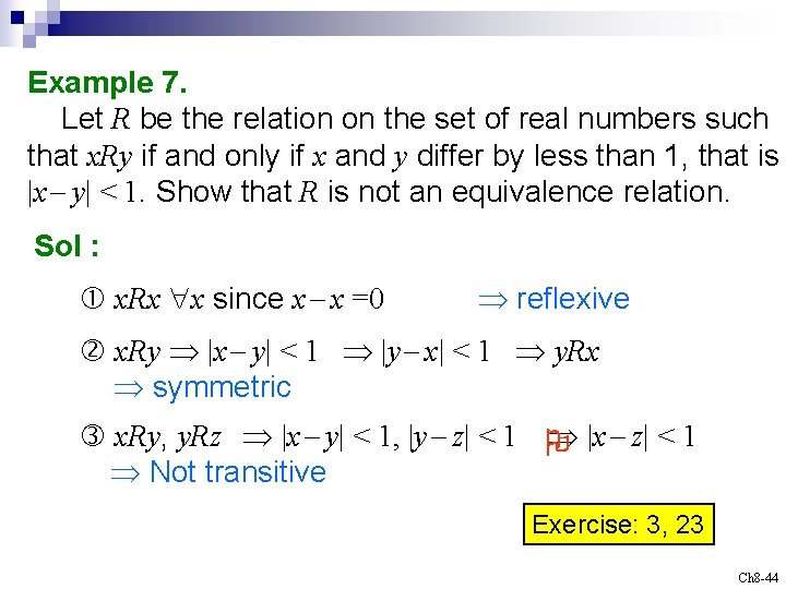Example 7. Let R be the relation on the set of real numbers such