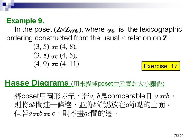 Example 9. In the poset (Z Z, ), where is the lexicographic ordering constructed