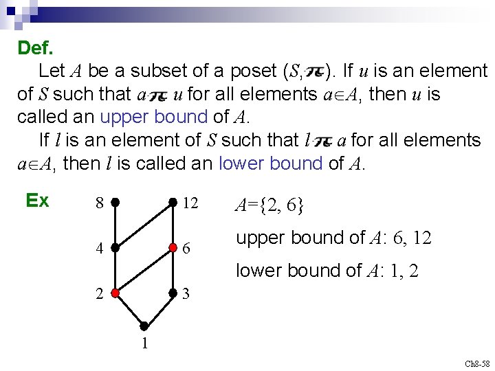 Def. Let A be a subset of a poset (S, ). If u is