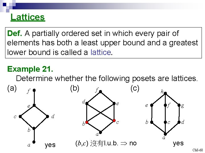Lattices Def. A partially ordered set in which every pair of elements has both