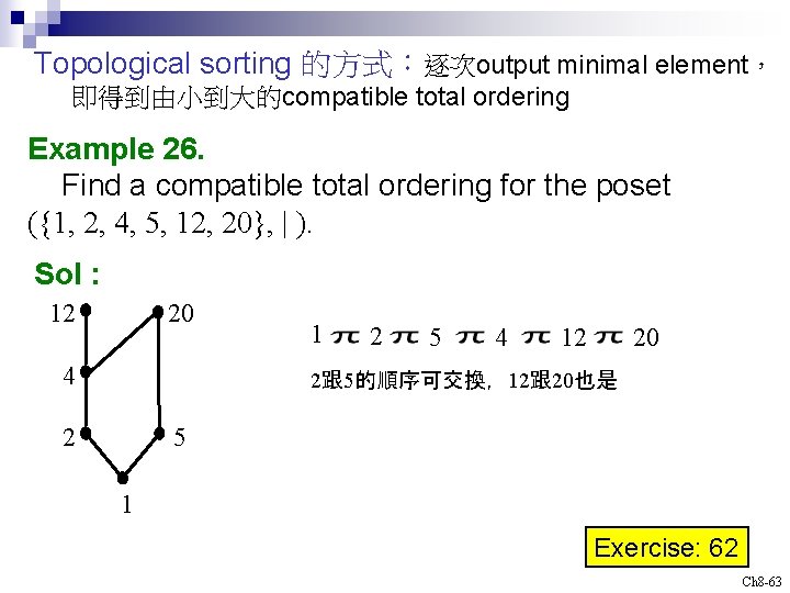 Topological sorting 的方式：逐次output minimal element， 即得到由小到大的compatible total ordering Example 26. Find a compatible total