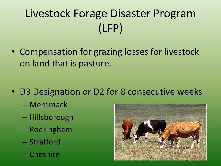 Livestock Forage Disaster Program (LFP) • Compensation for grazing losses for livestock on land