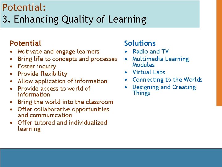 Potential: 3. Enhancing Quality of Learning Potential Solutions • • Radio and TV •