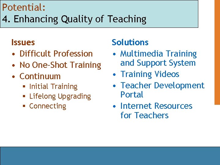 Potential: 4. Enhancing Quality of Teaching Issues • Difficult Profession • No One-Shot Training