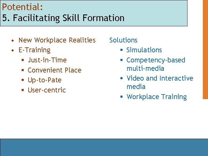 Potential: 5. Facilitating Skill Formation • New Workplace Realities • E-Training § Just-in-Time §