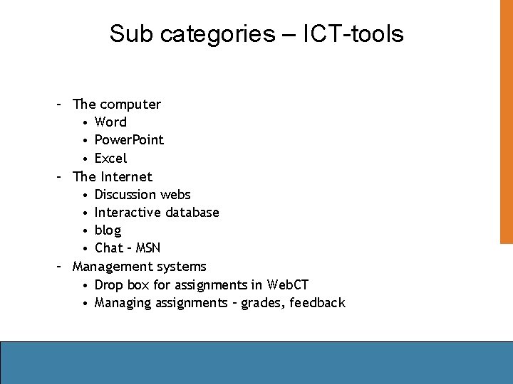 Sub categories – ICT-tools – The computer • Word • Power. Point • Excel