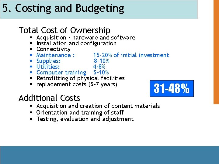 5. Costing and Budgeting Total Cost of Ownership § § § § § Acquisition