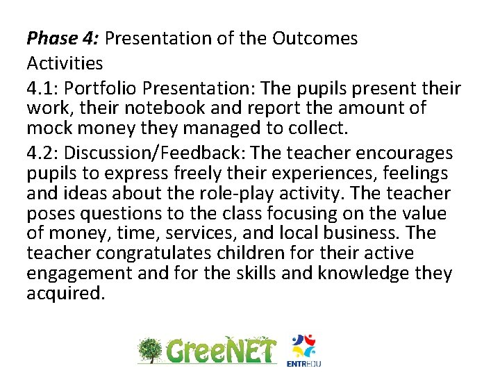 Phase 4: Presentation of the Outcomes Activities 4. 1: Portfolio Presentation: The pupils present