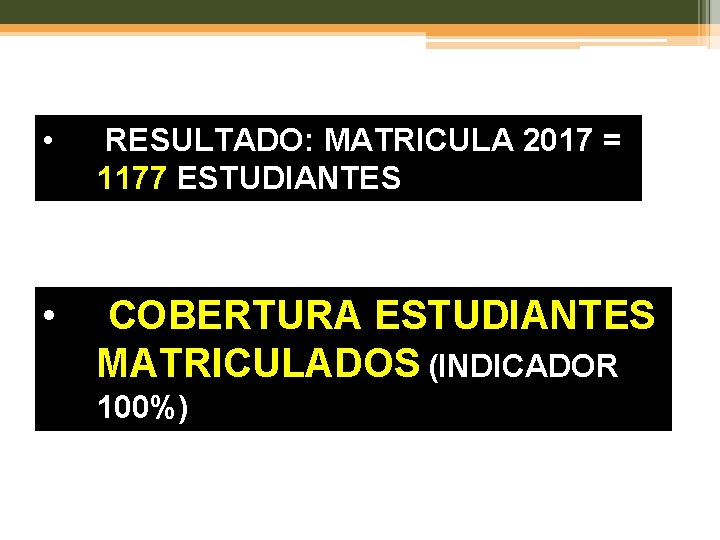 • RESULTADO: MATRICULA 2017 = 1177 ESTUDIANTES • COBERTURA ESTUDIANTES MATRICULADOS (INDICADOR 100%)