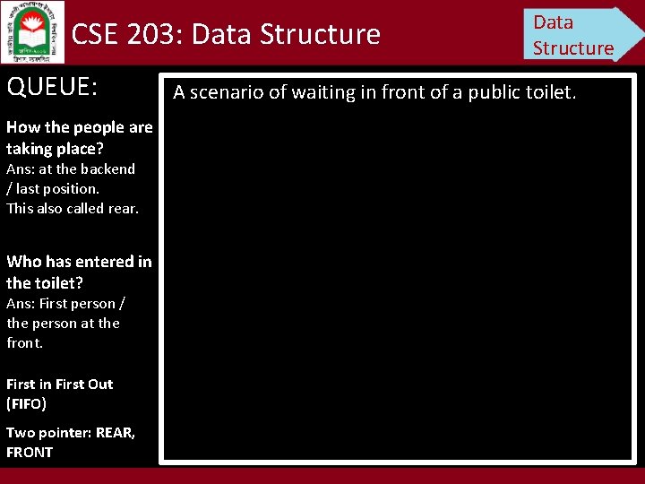 CSE 203: Data Structure QUEUE: How the people are taking place? Ans: at the