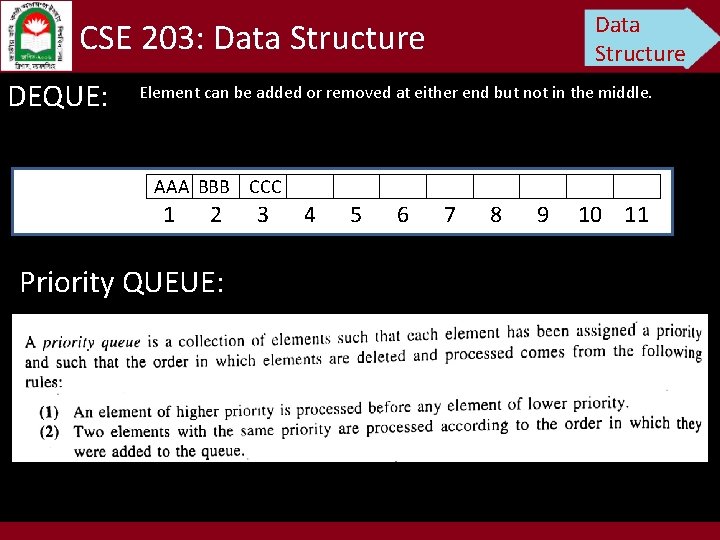 Data Structure CSE 203: Data Structure DEQUE: Element can be added or removed at