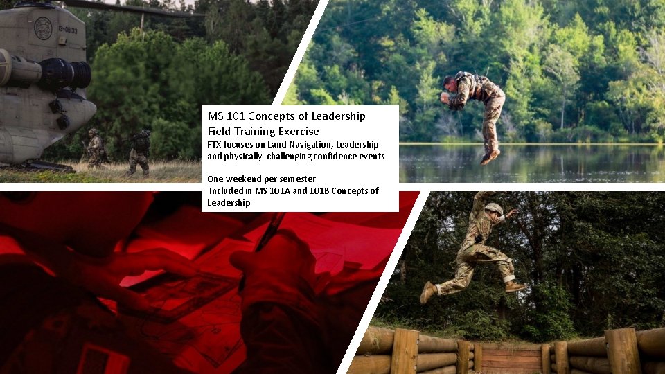 MS 101 Concepts of Leadership Field Training Exercise FTX focuses on Land Navigation, Leadership