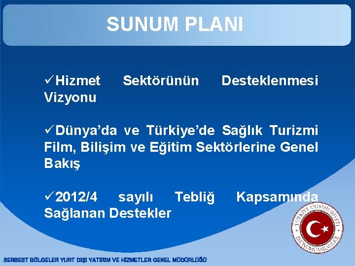SUNUM PLANI üHizmet Vizyonu Sektörünün Desteklenmesi üDünya’da ve Türkiye’de Sağlık Turizmi Film, Bilişim ve