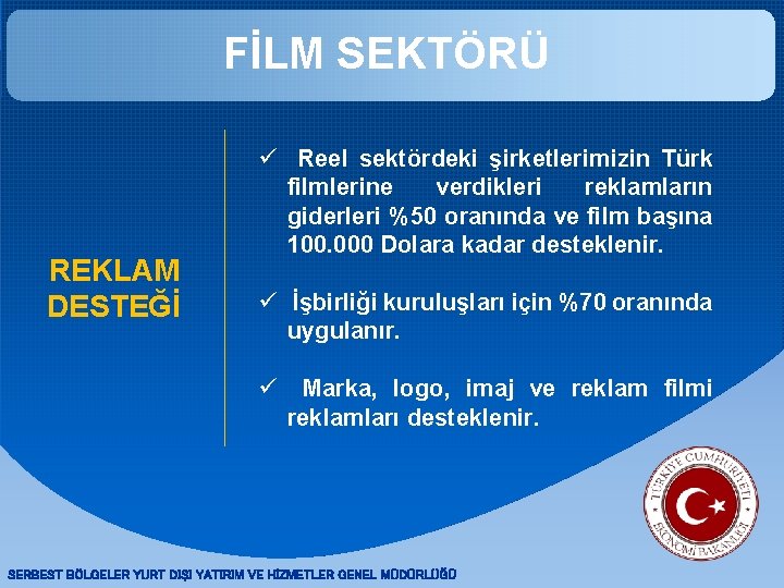 FİLM SEKTÖRÜ REKLAM DESTEĞİ ü Reel sektördeki şirketlerimizin Türk filmlerine verdikleri reklamların giderleri %50