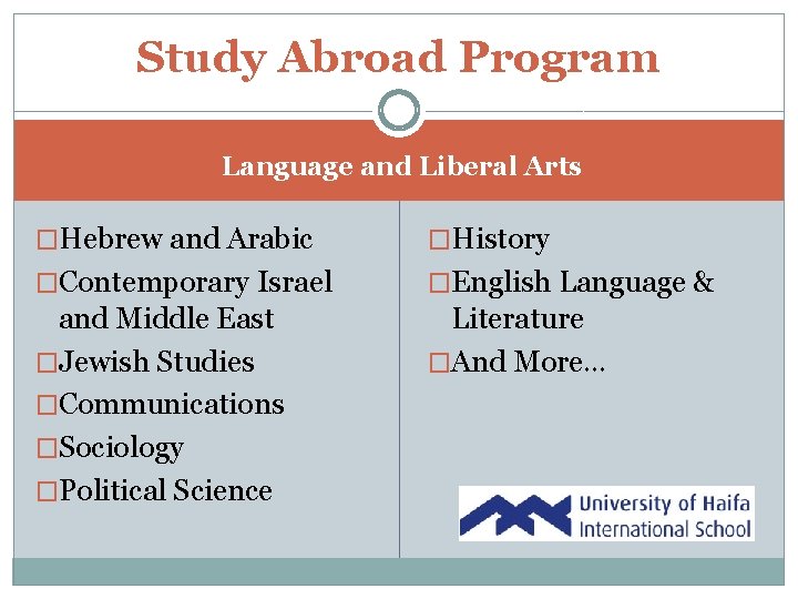 Study Abroad Program Language and Liberal Arts �Hebrew and Arabic �History �Contemporary Israel �English