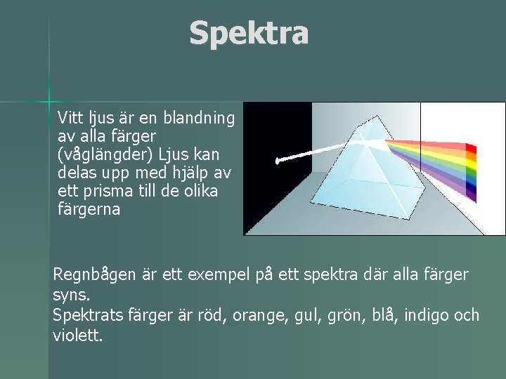 Spektra Vitt ljus är en blandning av alla färger (våglängder) Ljus kan delas upp
