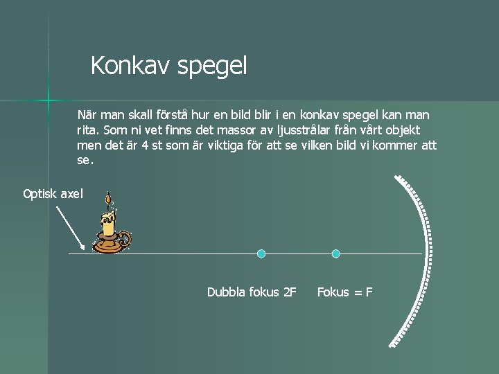 Konkav spegel När man skall förstå hur en bild blir i en konkav spegel