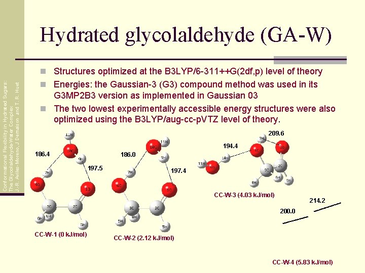 Hydrated glycolaldehyde (GA-W) Conformational Flexibility in Hydrated Sugars: The Glycolaldehyde-Water Complex J. -R. Aviles-Moreno,