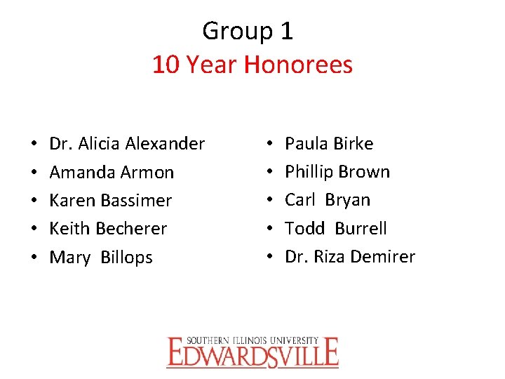 Group 1 10 Year Honorees • • • Dr. Alicia Alexander Amanda Armon Karen
