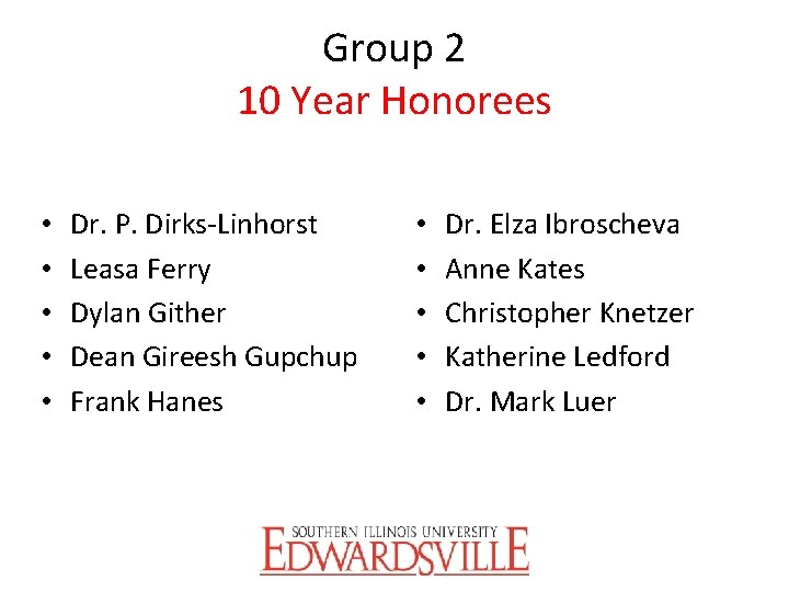 Group 2 10 Year Honorees • • • Dr. P. Dirks-Linhorst Leasa Ferry Dylan
