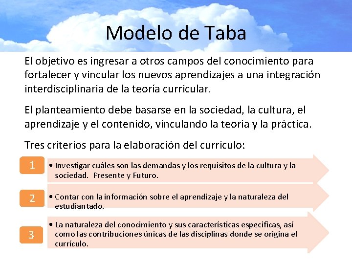 Modelo de Taba El objetivo es ingresar a otros campos del conocimiento para fortalecer