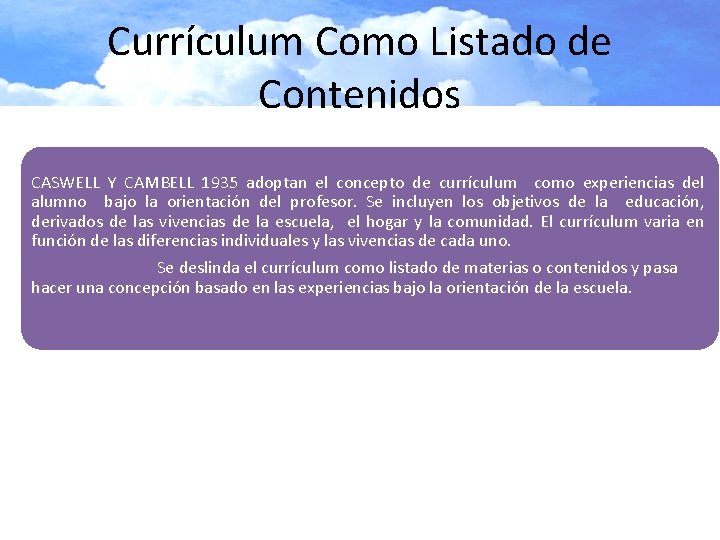 Currículum Como Listado de Contenidos CASWELL Y CAMBELL 1935 adoptan el concepto de currículum