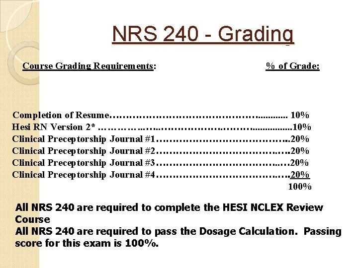 NRS 240 - Grading Course Grading Requirements: % of Grade: Completion of Resume……………………. . NRS 240 - Grading Course Grading Requirements: % of Grade: Completion of Resume……………………. .