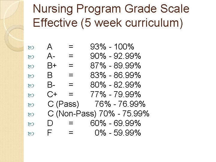 Nursing Program Grade Scale Effective (5 week curriculum) A = 93% - 100% A= Nursing Program Grade Scale Effective (5 week curriculum) A = 93% - 100% A=