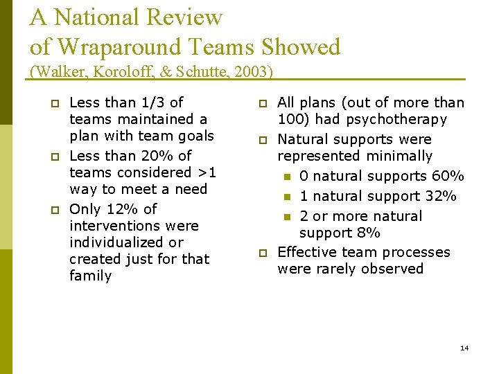 A National Review of Wraparound Teams Showed (Walker, Koroloff, & Schutte, 2003) p p