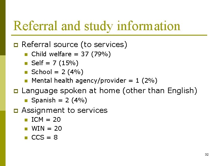 Referral and study information p Referral source (to services) n n p Language spoken