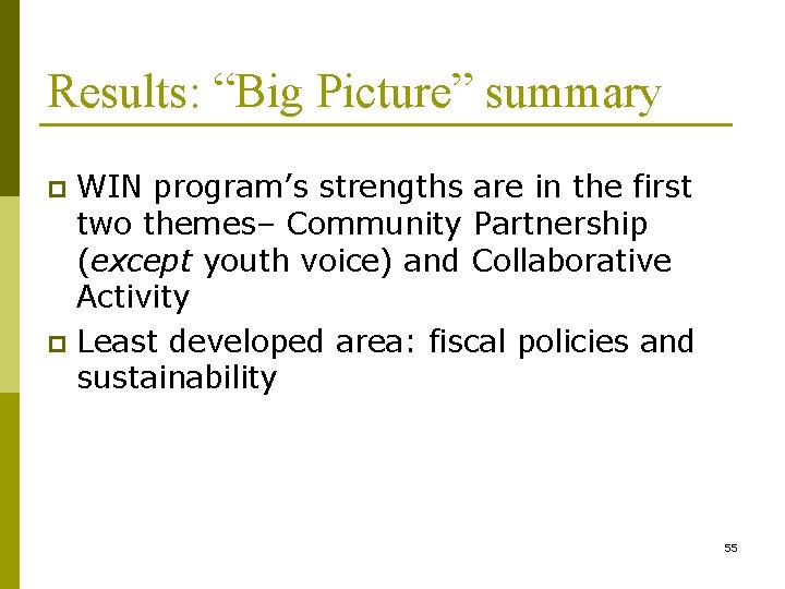 Results: “Big Picture” summary WIN program’s strengths are in the first two themes– Community