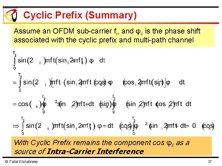 Cyclic Prefix (Summary) Assume an OFDM sub-carrier fi, and φii is the phase shift