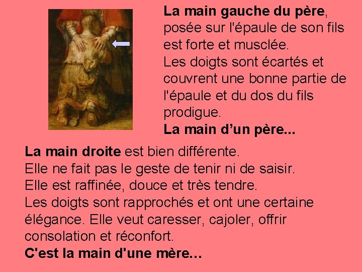 La main gauche du père, posée sur l'épaule de son fils est forte et