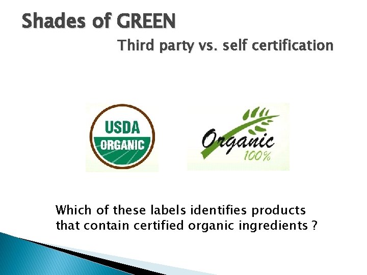 Shades of GREEN Third party vs. self certification Which of these labels identifies products