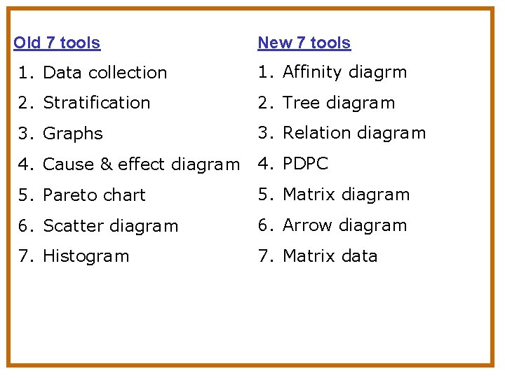 Old 7 tools New 7 tools 1. Data collection 1. Affinity diagrm 2. Stratification