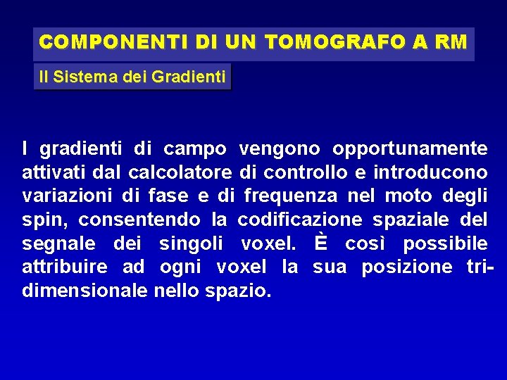COMPONENTI DI UN TOMOGRAFO A RM Il Sistema dei Gradienti I gradienti di campo