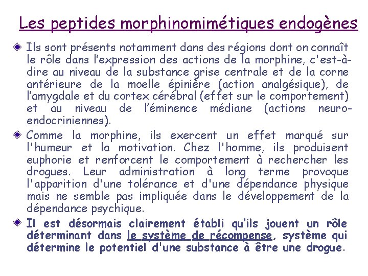 Les peptides morphinomimétiques endogènes Ils sont présents notamment dans des régions dont on connaît