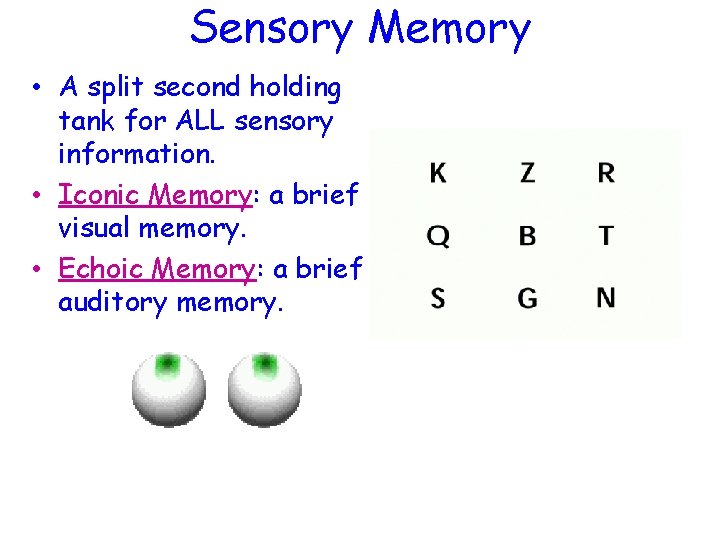 Sensory Memory • A split second holding tank for ALL sensory information. • Iconic