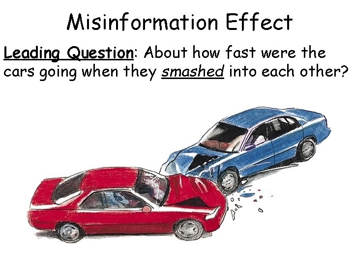 Misinformation Effect Leading Question: About how fast were the cars going when they smashed