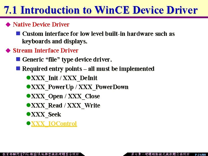 7. 1 Introduction to Win. CE Device Driver u Native Device Driver n Custom