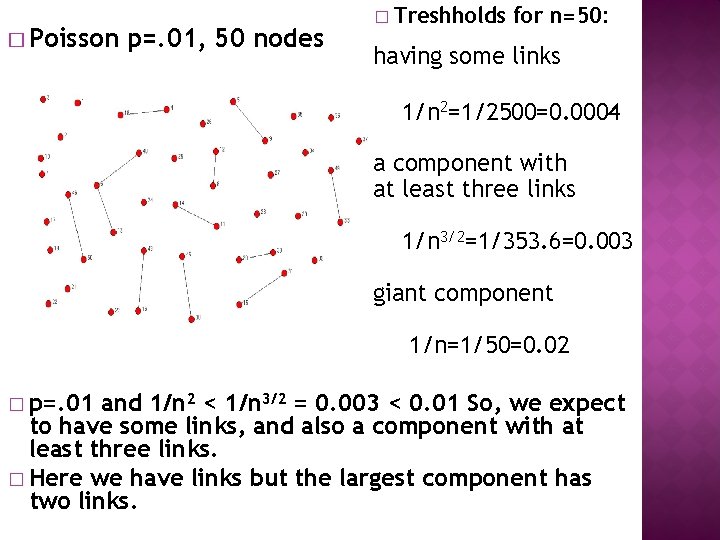 � Poisson p=. 01, 50 nodes � Treshholds for n=50: having some links 1/n � Poisson p=. 01, 50 nodes � Treshholds for n=50: having some links 1/n