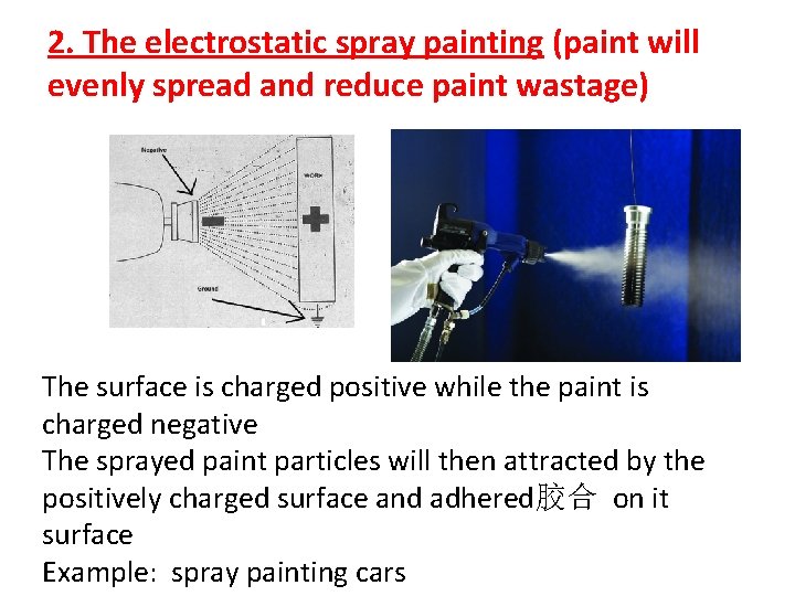 2. The electrostatic spray painting (paint will evenly spread and reduce paint wastage) The