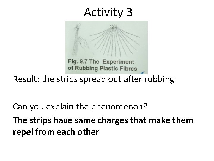 Activity 3 Result: the strips spread out after rubbing Can you explain the phenomenon?