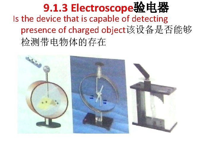 9. 1. 3 Electroscope验电器 Is the device that is capable of detecting presence of