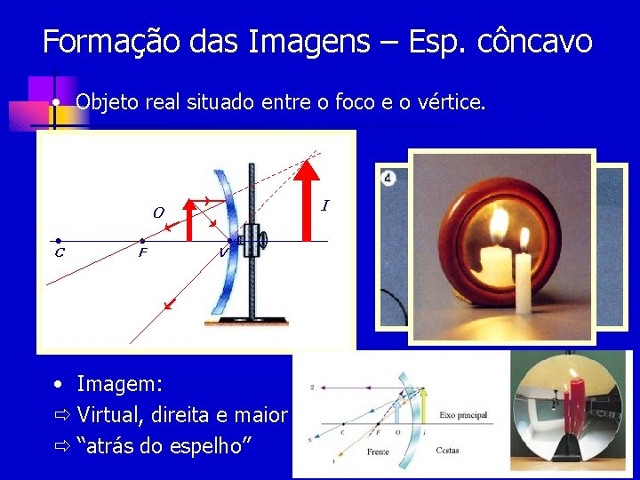 Formação das Imagens – Esp. côncavo • Objeto real situado entre o foco e