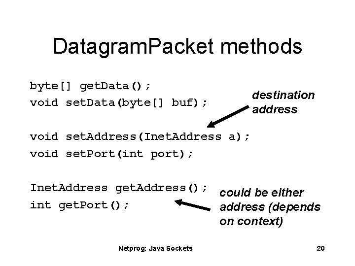 Datagram. Packet methods byte[] get. Data(); void set. Data(byte[] buf); destination address void set.